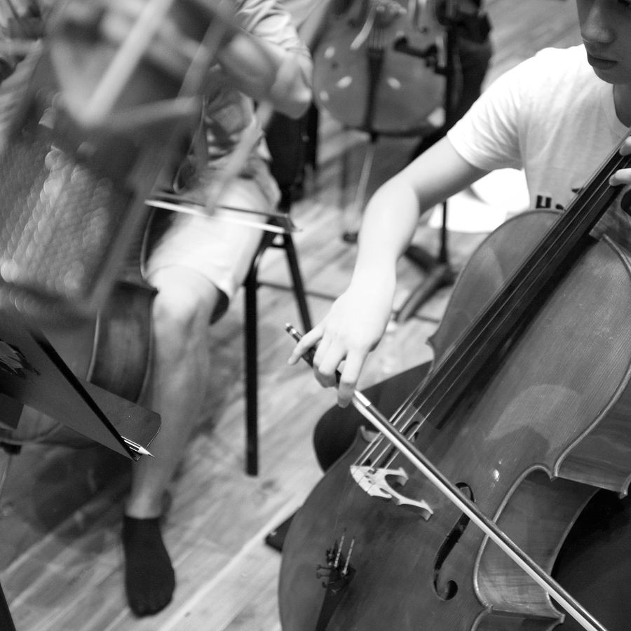 Close view of a cellist's bow arm