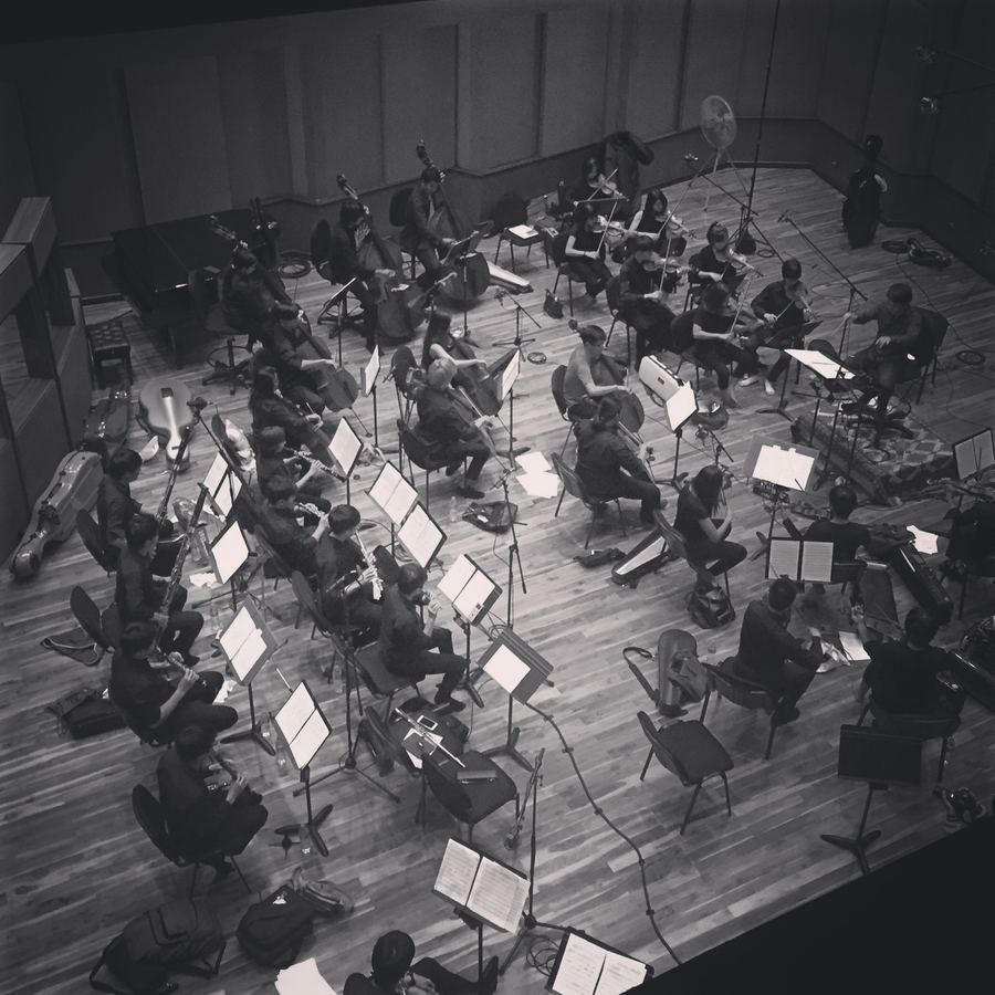 Full orchestra seen from above in the live room