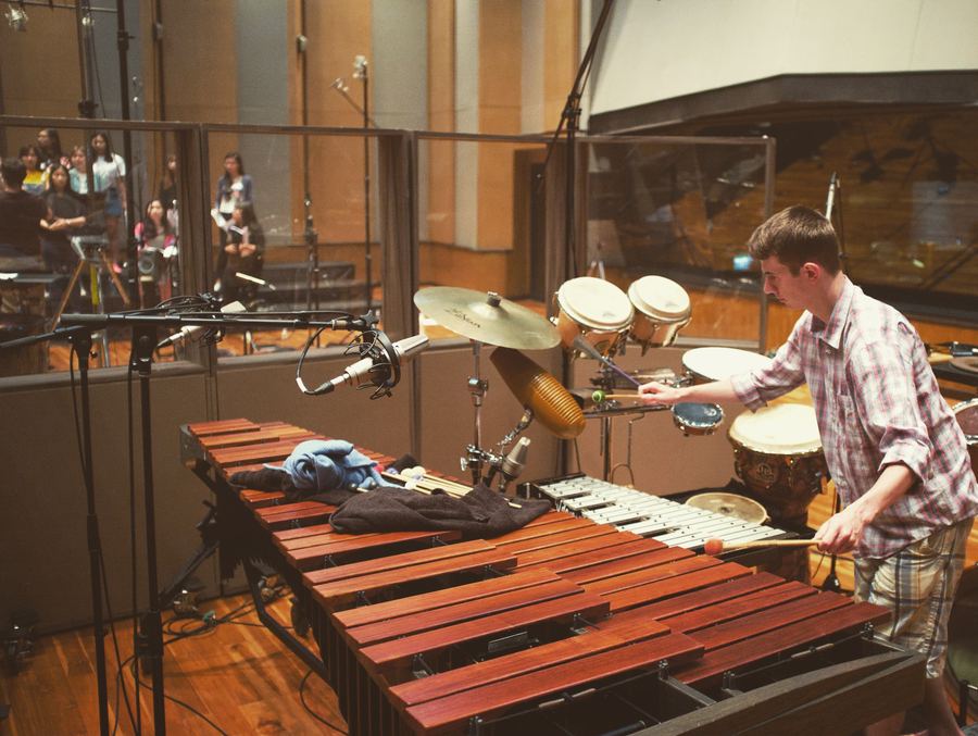 Percussionist at a marimba and cymbal set-up