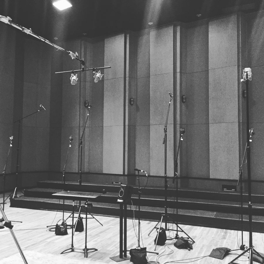 Empty live room set with microphone stands